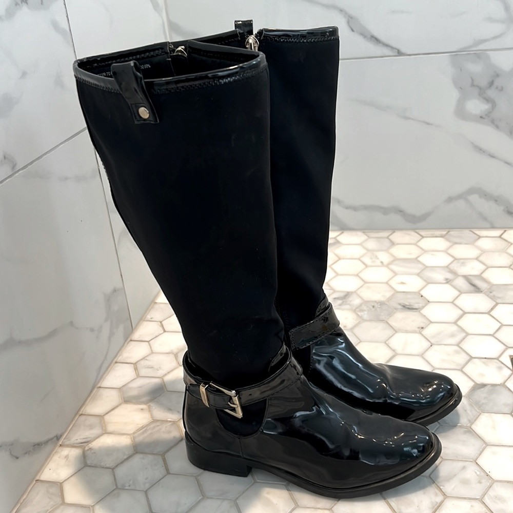 ❌ CLEARANCE STUDIO F Black Patent Leather Riding Boot With Silver Buckle Sz 6